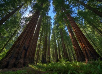 Majestic redwood forest canopy bathed in ethereal sunbeams, showcasing ancient towering trees and lush emerald undergrowth creating a breathtaking natural sanctuary.