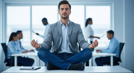 Businessman meditating in lotus position at office desk, colleagues blurred in background, showcasing mindfulness and stress management in workplace