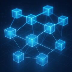 Blockchain Network with Glowing Blue Cubes Connected by Data Lines on Dark Background