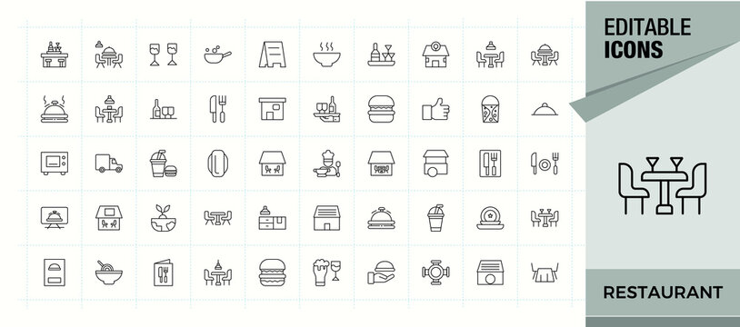 Restaurant icon set in linear style. Cooking icon set. Outline icons collection. Featuring cooking, cook, kitchen, food, menu, drink, cafe and more. Pixel perfect. Vector illustration.