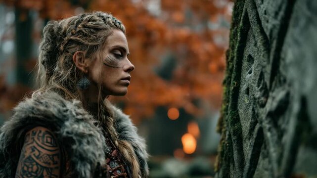 Warrior stands before ancient stone in autumn forest during dusk, reflecting on heritage and destiny