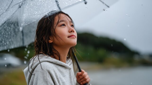 Side profile of a young girl holding a clear umbrella as she stands near a calm riverside during light rain looking upward with a quiet and reflective mood