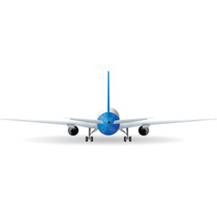 Rear View of a Commercial Airplane with Blue Fuselage and White Wings on a Transparent Background Isolated