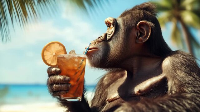 cool ape with cocktail on tropical beach in summer animation