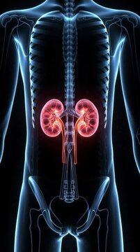 Medical illustration of human kidneys with skeleton, health and science
