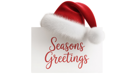 Festive santa hat adorning a white card with elegant seasons greetings text isolated on transparent background