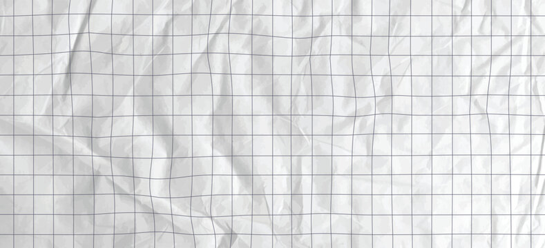 Fold texture and soft blue grid bg design. Realistic crumpled notebook paper background. Diary sheet for education, school, craft, collage or scrapbook note composition. Vector