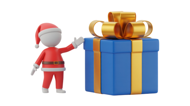 Cute 3d cartoon character dressed as santa claus waving happily next to a large blue gift box with a golden ribbon isolated on transparent background