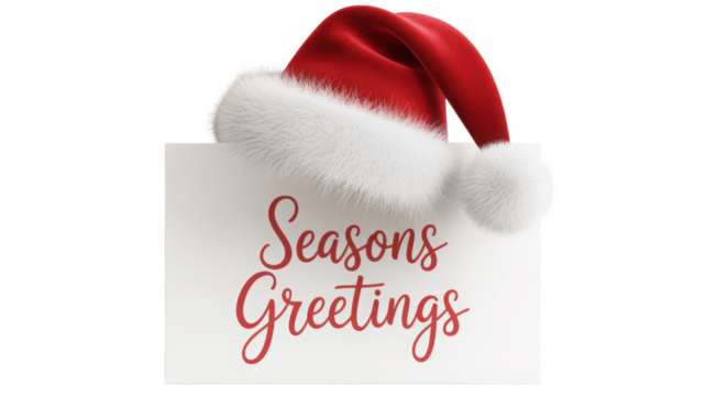Festive santa hat adorning a white card with elegant seasons greetings text isolated on transparent background