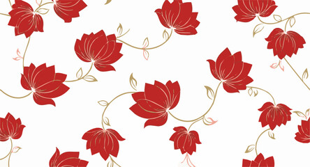 Clean seamless floral pattern with red blossoms, light botanical stems and elegant curved lines forming a soft decorative background for print and design use