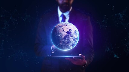 Hand holding the glowing digital Earth hologram global data visualization. Earth hologram above a hand, with cyberpunk Planet earth hologram surrounded by glowing, futuristic, sci fi blue mesh - Powered by Adobe