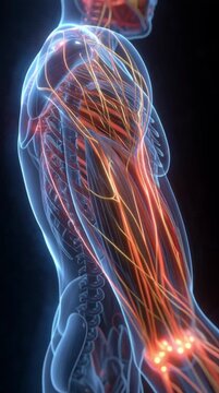 Anatomy visualization of the human body showing muscles and nervous system
