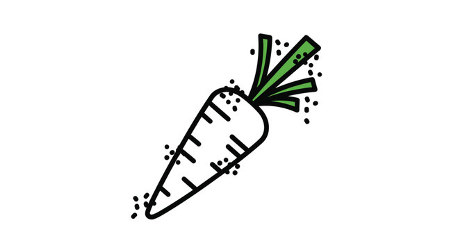 Stylized drawing of a carrot with green leafy tops, featuring thick black outlines and whimsical dots dispersed around the vegetable.