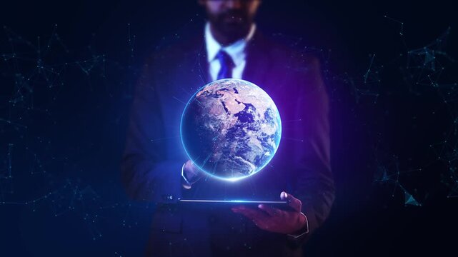 Hand holding the glowing digital Earth hologram global data visualization. Earth hologram above a hand, with cyberpunk Planet earth hologram surrounded by glowing, futuristic, sci fi blue mesh - Powered by Adobe