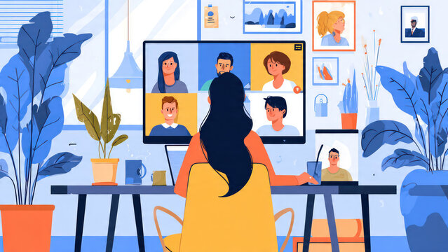 Woman working remotely in a bright, modern workspace while attending a video conference. Artistic illustration with warm tones, plants, and organized desk setup.