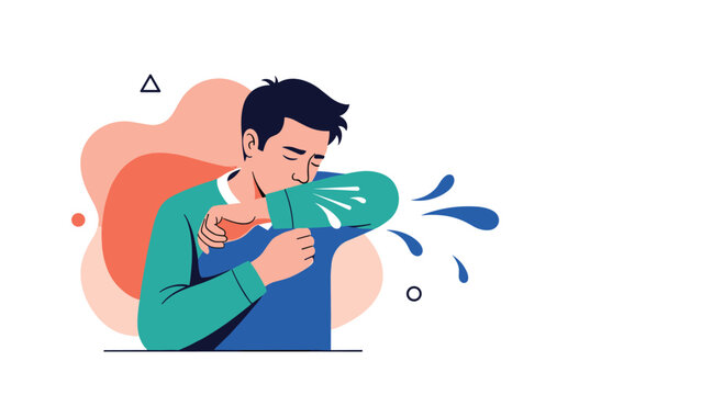 Man sneezing into his elbow to prevent spreading germs and illness.