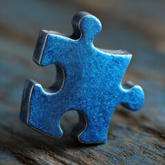 Fototapeta premium Single blue puzzle piece on textured wood