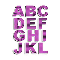 Playful bold alphabet letters A to L with a purple dot pattern and subtle 3D shadow. Fun and decorative typography perfect for kids’ designs, education materials, stickers, and posters.