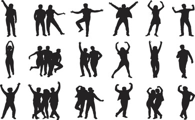 Human silhouette, dancing pose, expressive movement, black graphic, vector illustration, joyful gesture, celebration icon, body language, jumping, interaction,