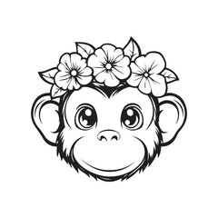 Cute Floral Crown Monkey Head Line Art Illustration