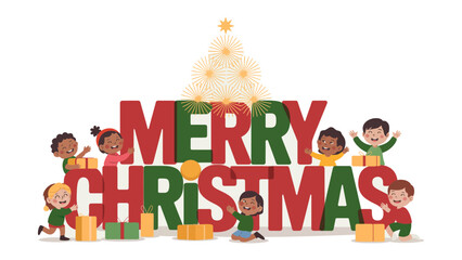 Christmas Cheer: Joyful children gather around the words Merry Christmas, embodying the spirit of the season. A festive tree adorned with glowing lights stands tall, surrounded by wrapped gifts.