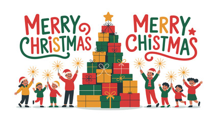 Festive Cheer: A joyful family celebrates the holiday season with sparklers, Christmas gifts, Christmas tree and colorful typography that fill the frame with festive glee. 