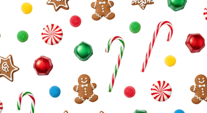 A festive assortment of christmas candies and gingerbread cookies scattered across a black background isolated on transparent background