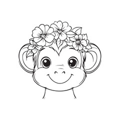 Smiling Monkey Line Art with Floral Crown