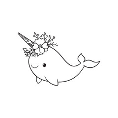 Cute Narwhal Line Art with Floral Crown