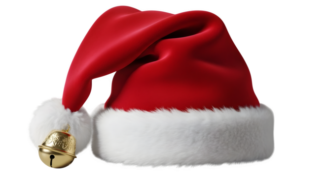Classic red santa claus hat with white fur trim and golden bell on black background