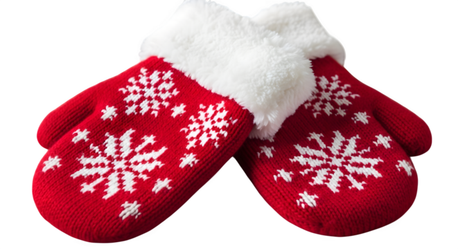 Cozy red knitted mittens with white snowflake pattern and fluffy trim for winter cold weather