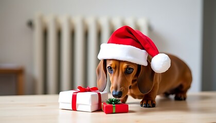 Cute dachshund puppy wearing santa hat with christmas gifts on table