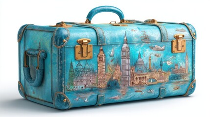 Vintage suitcase with famous city landmarks and transport