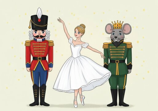 Nutcracker ballet characters a ballerina, a nutcracker soldier, and a mouse king in festive costumes against a light background, evoking holiday magic and theatrical performance