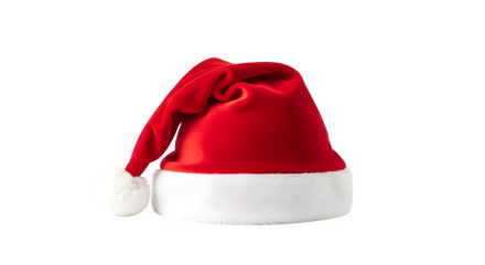 Classic red santa claus hat with white fur trim isolated on transparent background
