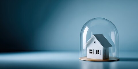 Small white house model under glass dome on smooth blue surface symbolizing home protection insurance and property safety concept