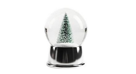 A festive christmas tree inside a clear glass snow globe with a transparent background isolated on transparent background