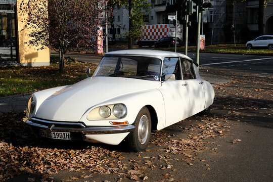 Berlin, Germany, October 27, 2022, white Citroen DS vintage car with charateristic double headlights.