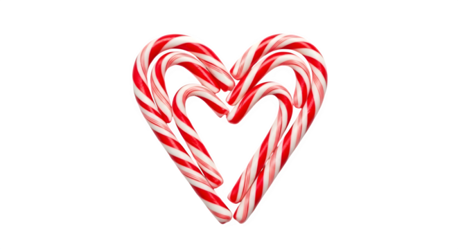 Three red and white striped candy canes arranged in a heart shape isolated on transparent background