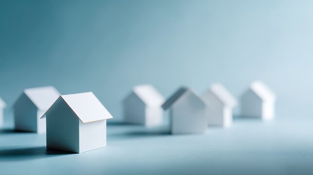 Minimal white paper houses on blue surface symbolizing real estate market property investment and modern housing concept