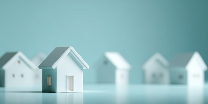 Miniature white houses on light blue surface symbolizing real estate investment property market growth and modern housing concept