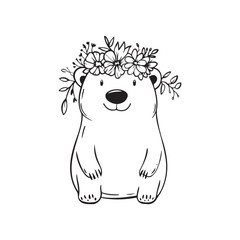 Cute Bear Line Art with Floral Crown