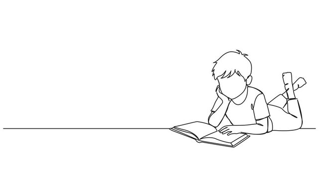 animated continuous line drawing of young boy in prone position on floor reading a book, line art animation