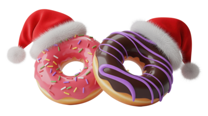 Two festive christmas donuts wearing santa hats one pink and one chocolate with purple icing isolated on transparent background