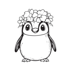 Cute Penguin Line Art with Floral Crown