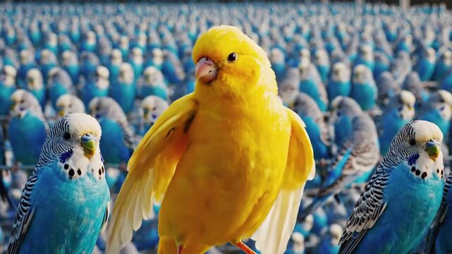 Vibrant yellow bird standing out among identical blue birds, symbolizing individuality, uniqueness, personal distinction, and the courage to be different in a conforming environment