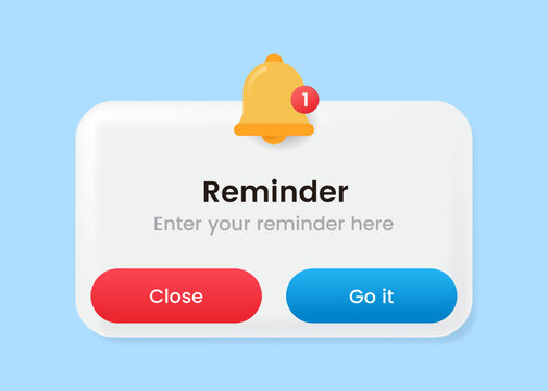 Vector illustration of a reminder notification pop-up with a bell alert icon and action buttons in a clean modern style.