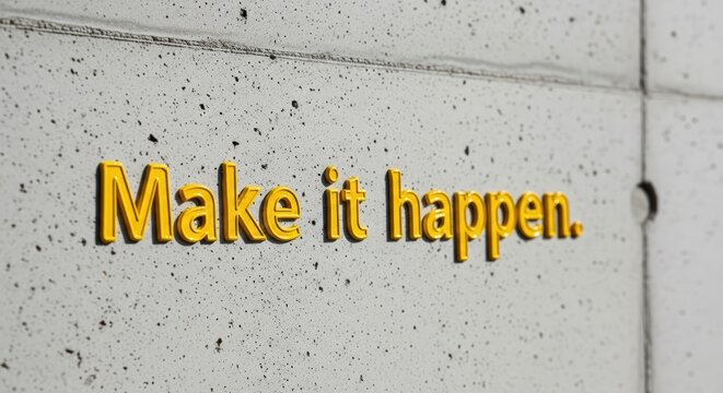 Inspirational yellow text 'make it happen' on grey concrete wall