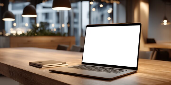 Blank screen laptop on wooden table with closed notebooks in cozy cafe setting, warm lights and modern interior in background - Powered by Adobe