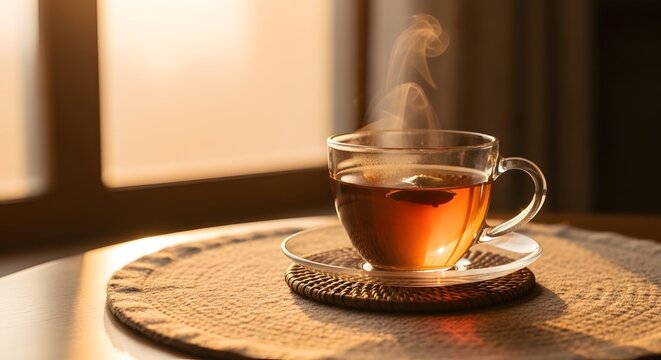 Steaming cup of tea bathed in warm sunlight by a window